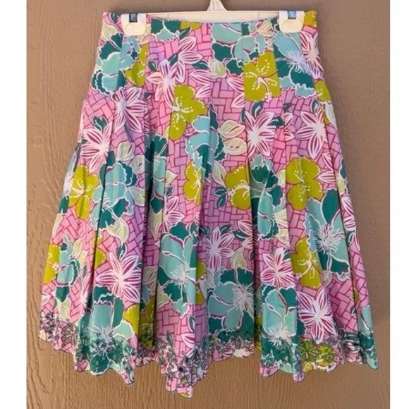 Lilly Pulitzer Dresses & Skirts - Lilly Pulitzer Womens Pink Floral Pleated Skirt Size 4 Eyelet Cottage Tropical